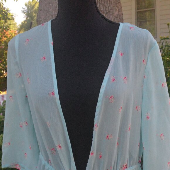 No Boundaries NOBO Turquoise and Pink Long Duster/Kimono/Swimsuit Coverup - Picture 3 of 5